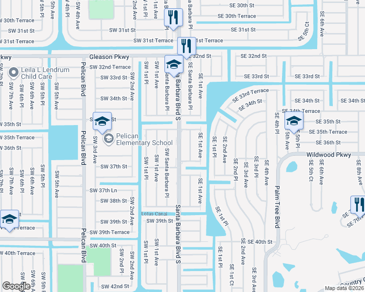 map of restaurants, bars, coffee shops, grocery stores, and more near 3510 Southeast Santa Barbara Place in Cape Coral