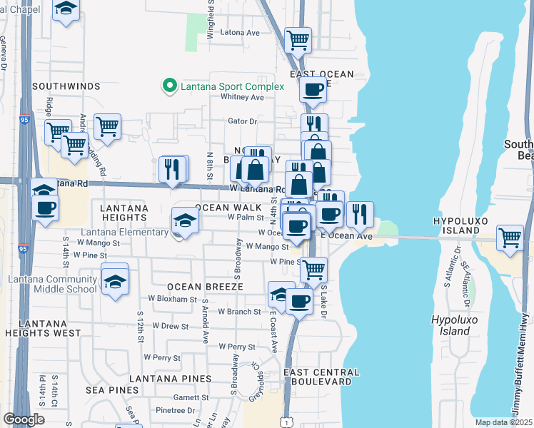 map of restaurants, bars, coffee shops, grocery stores, and more near 407 West Palm Street in Lantana
