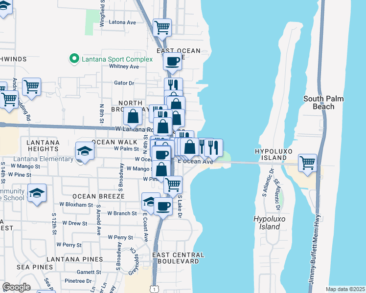map of restaurants, bars, coffee shops, grocery stores, and more near 211 North Lake Drive in Lantana