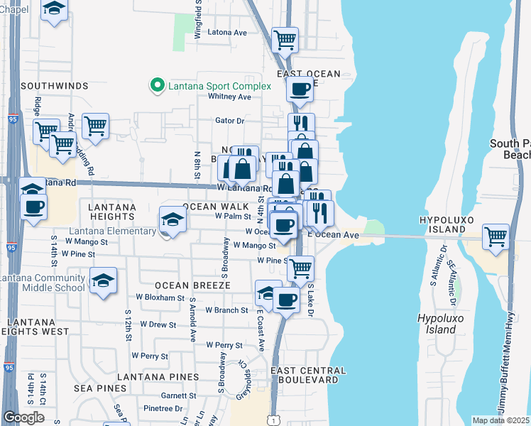 map of restaurants, bars, coffee shops, grocery stores, and more near 19 Minnesota Street in Lantana