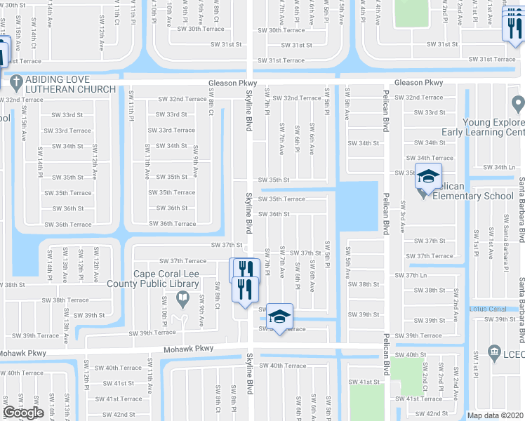 map of restaurants, bars, coffee shops, grocery stores, and more near 718 Southwest 35th Terrace in Cape Coral
