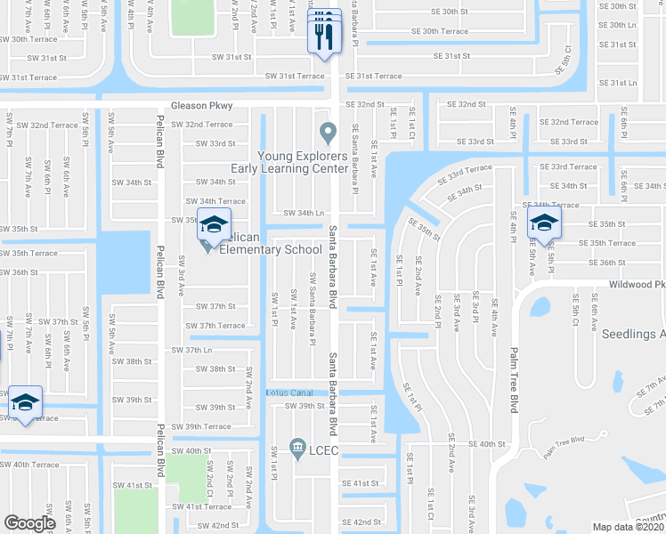 map of restaurants, bars, coffee shops, grocery stores, and more near 3504 Santa Barbara Boulevard in Cape Coral