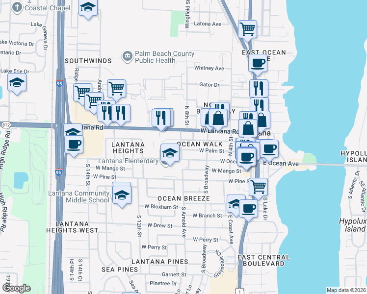 map of restaurants, bars, coffee shops, grocery stores, and more near 723 West Palm Street in Lantana