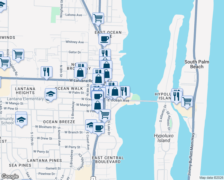 map of restaurants, bars, coffee shops, grocery stores, and more near 211 North Lake Drive in Lantana