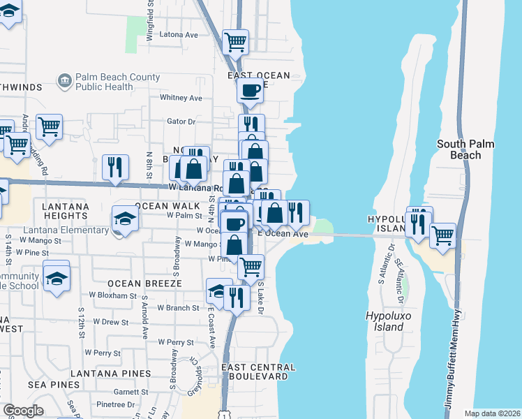 map of restaurants, bars, coffee shops, grocery stores, and more near 211 North Lake Drive in Lantana