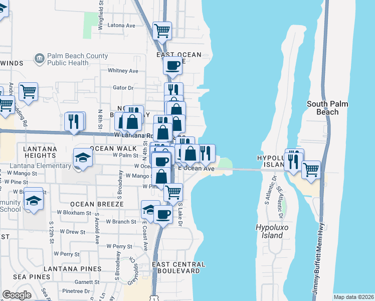 map of restaurants, bars, coffee shops, grocery stores, and more near 211 North Lake Drive in Lantana
