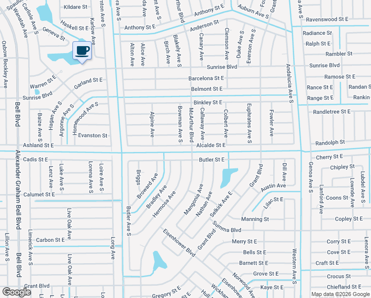 map of restaurants, bars, coffee shops, grocery stores, and more near 947 Alcalde Street East in Lehigh Acres