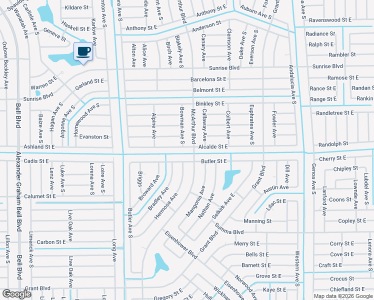 map of restaurants, bars, coffee shops, grocery stores, and more near 947 Alcalde Street East in Lehigh Acres