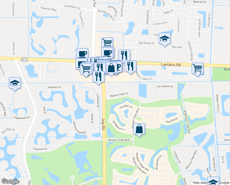 map of restaurants, bars, coffee shops, grocery stores, and more near Barton Creek Court in Lake Worth