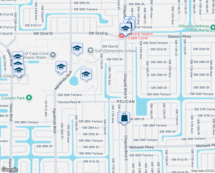 map of restaurants, bars, coffee shops, grocery stores, and more near 3534 Southwest 17th Avenue in Cape Coral