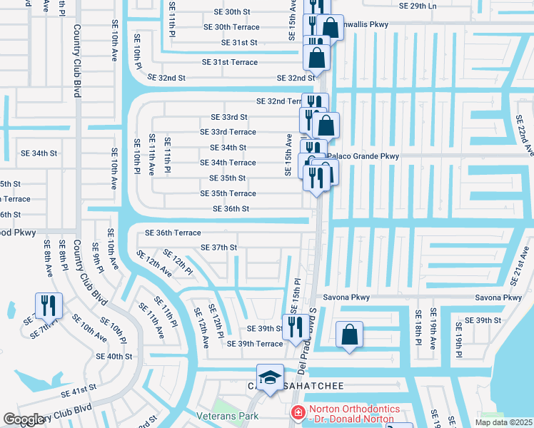map of restaurants, bars, coffee shops, grocery stores, and more near 1416 Southeast 36th Street in Cape Coral