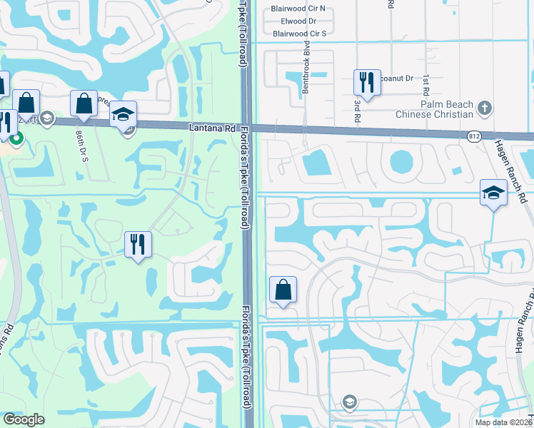 map of restaurants, bars, coffee shops, grocery stores, and more near 6042 Branchwood Drive in Lake Worth