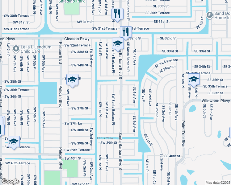 map of restaurants, bars, coffee shops, grocery stores, and more near 3515 Southwest Santa Barbara Place in Cape Coral