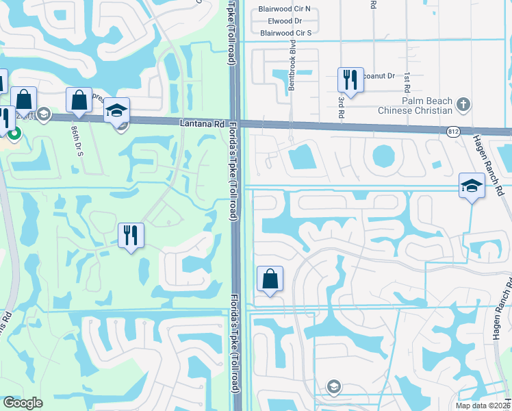map of restaurants, bars, coffee shops, grocery stores, and more near 6042 Branchwood Drive in Lake Worth