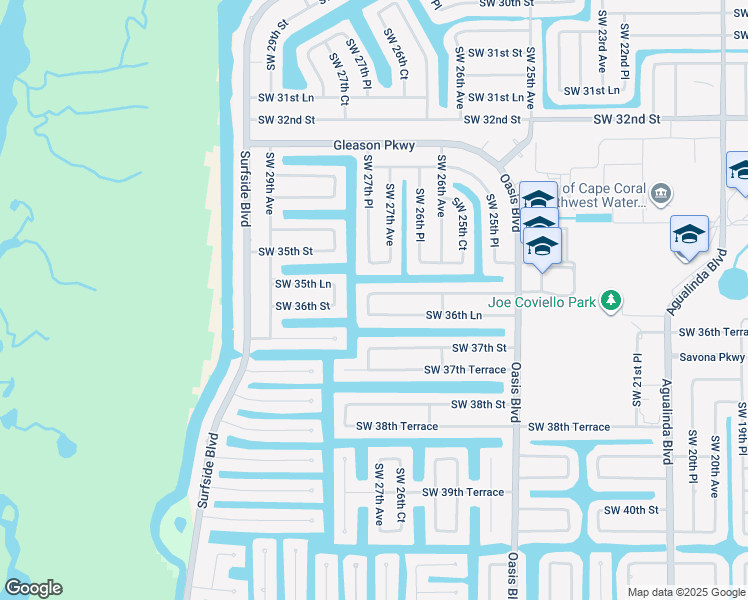 map of restaurants, bars, coffee shops, grocery stores, and more near 2722 Southwest 35th Lane in Cape Coral