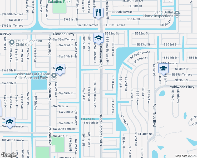 map of restaurants, bars, coffee shops, grocery stores, and more near 3515 Southwest Santa Barbara Place in Cape Coral