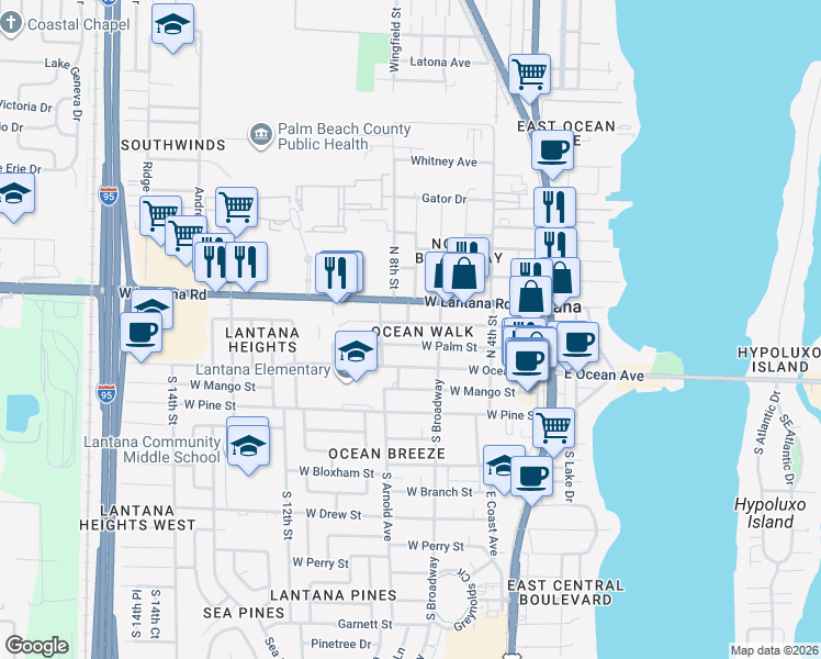 map of restaurants, bars, coffee shops, grocery stores, and more near 714 Minnesota Street in Lantana