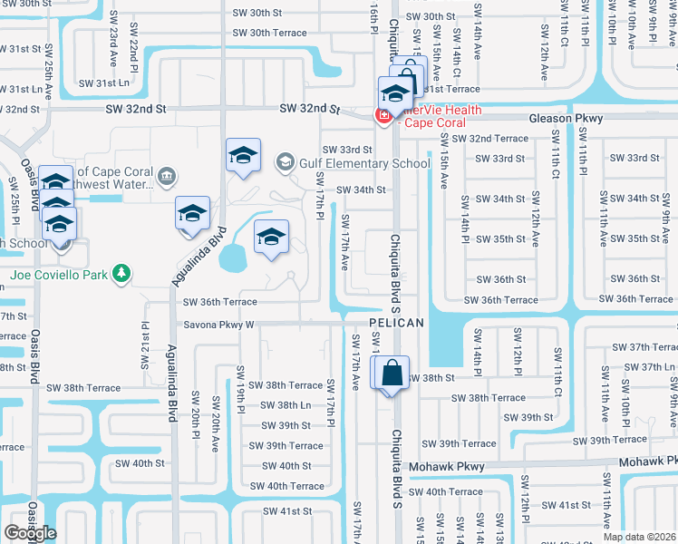 map of restaurants, bars, coffee shops, grocery stores, and more near 3534 Southwest 17th Avenue in Cape Coral