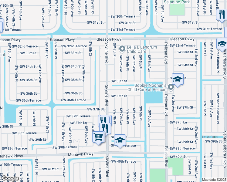 map of restaurants, bars, coffee shops, grocery stores, and more near 718 Southwest 35th Terrace in Cape Coral