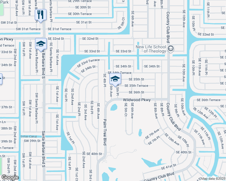 map of restaurants, bars, coffee shops, grocery stores, and more near 3529 Southeast 5th Avenue in Cape Coral
