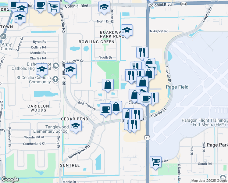 map of restaurants, bars, coffee shops, grocery stores, and more near 1751 Red Cedar Drive in Fort Myers