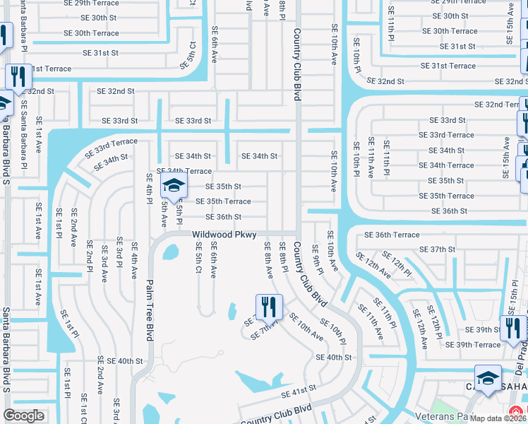 map of restaurants, bars, coffee shops, grocery stores, and more near 713 Southeast 36th Street in Cape Coral