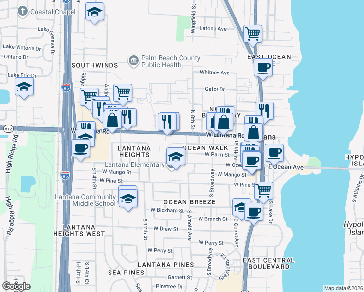 map of restaurants, bars, coffee shops, grocery stores, and more near 806 Minnesota Street in Lantana