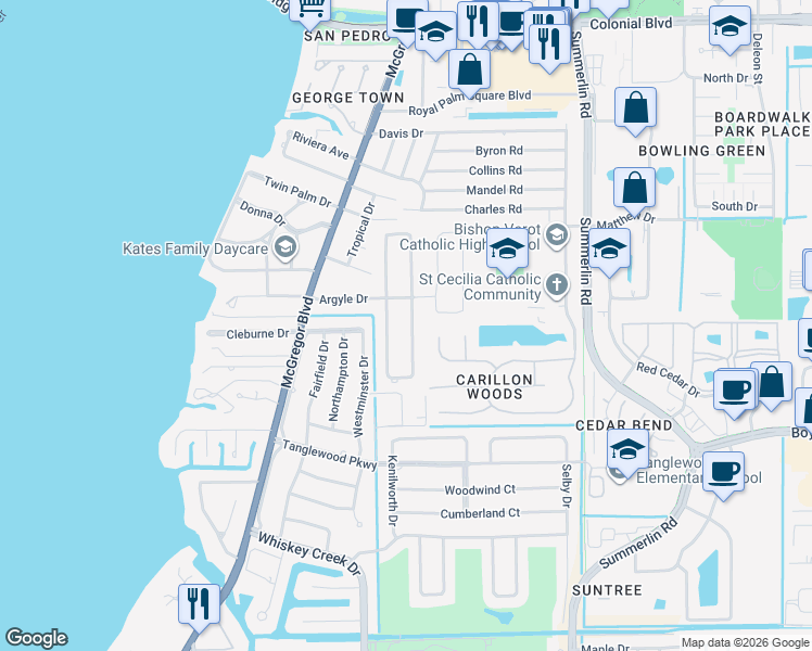 map of restaurants, bars, coffee shops, grocery stores, and more near 6354 Saint Andrews Circle South in Fort Myers