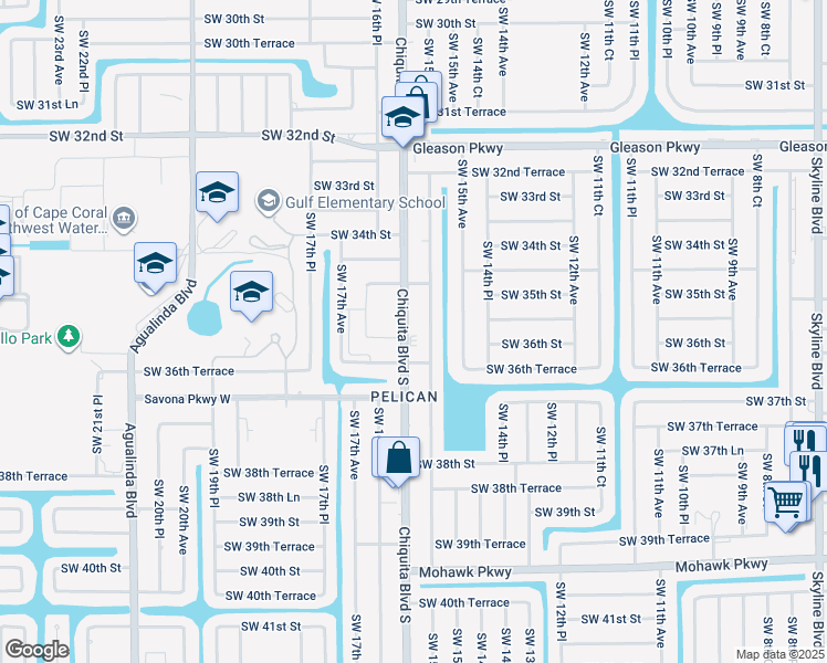 map of restaurants, bars, coffee shops, grocery stores, and more near 3529 Chiquita Boulevard South in Cape Coral