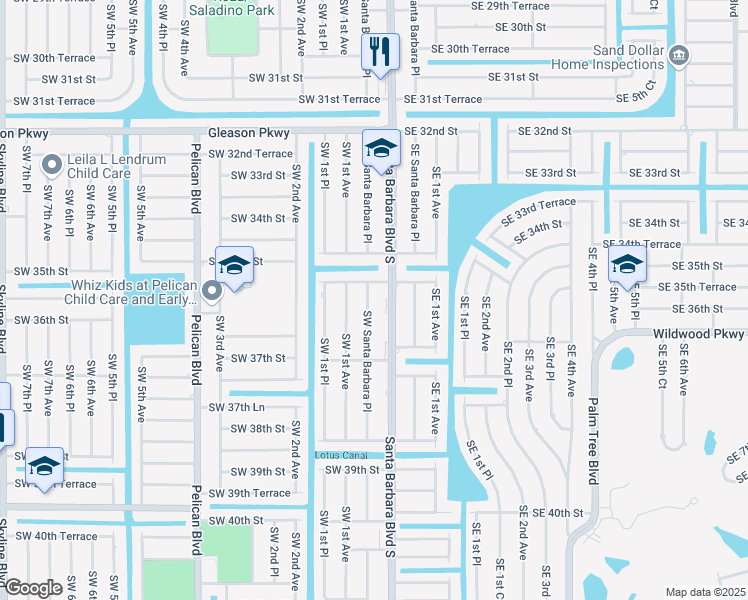 map of restaurants, bars, coffee shops, grocery stores, and more near 3515 Southwest Santa Barbara Place in Cape Coral