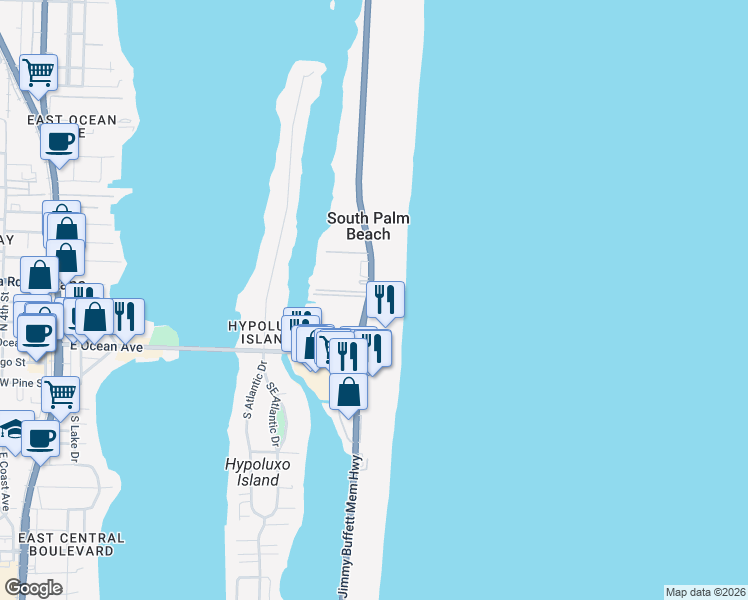 map of restaurants, bars, coffee shops, grocery stores, and more near 4500 South Ocean Boulevard in Palm Beach