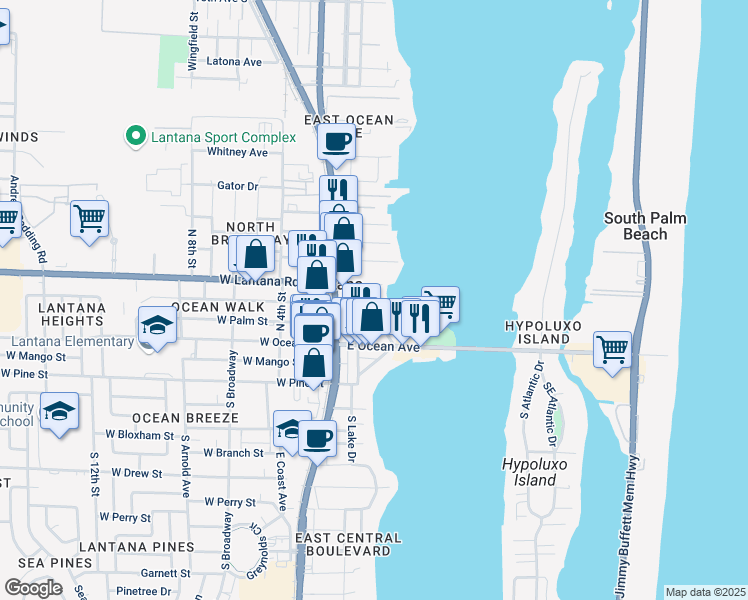 map of restaurants, bars, coffee shops, grocery stores, and more near 211 North Lake Drive in Lantana