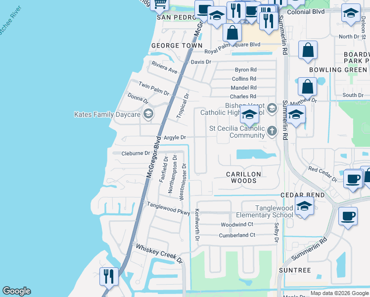 map of restaurants, bars, coffee shops, grocery stores, and more near 1355 Brentwood Parkway in Fort Myers
