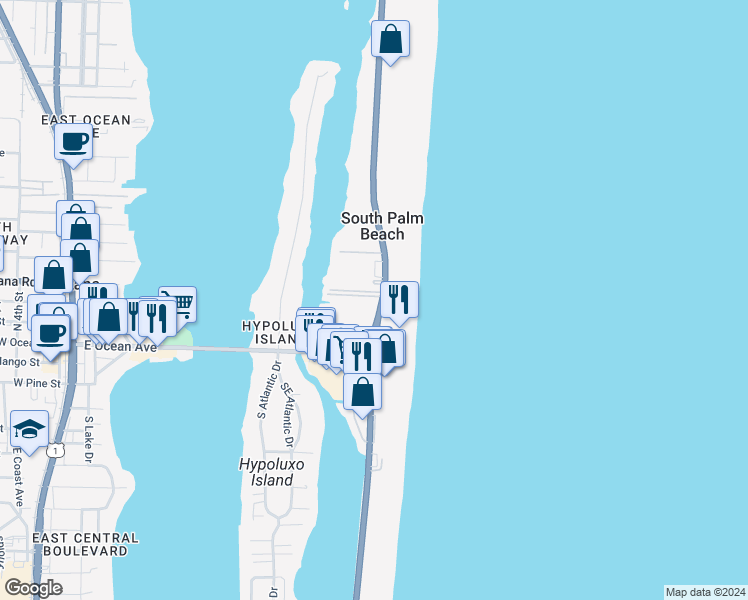 map of restaurants, bars, coffee shops, grocery stores, and more near 4501 South Ocean Boulevard in Palm Beach