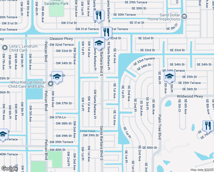 map of restaurants, bars, coffee shops, grocery stores, and more near 3510 Southeast Santa Barbara Place in Cape Coral