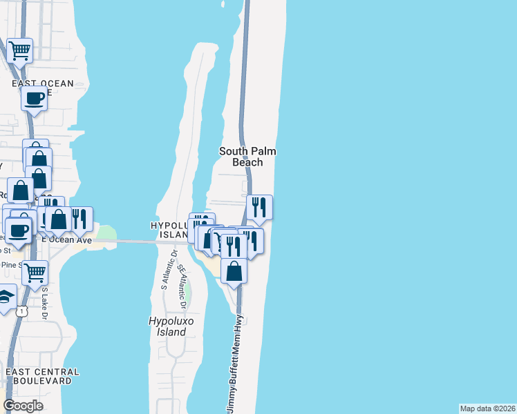 map of restaurants, bars, coffee shops, grocery stores, and more near 4500 South Ocean Boulevard in Palm Beach