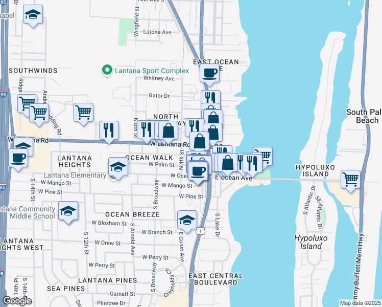 map of restaurants, bars, coffee shops, grocery stores, and more near 19 Minnesota Street in Lantana