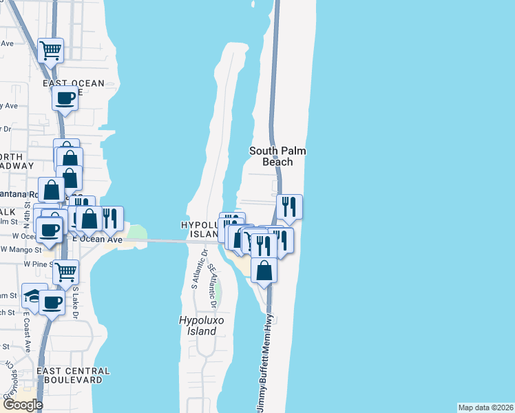 map of restaurants, bars, coffee shops, grocery stores, and more near 4501 South Ocean Boulevard in South Palm Beach