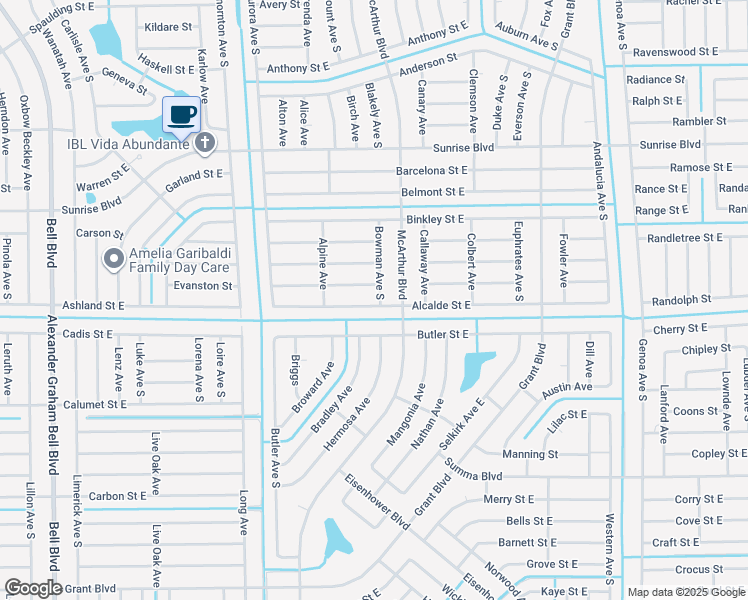 map of restaurants, bars, coffee shops, grocery stores, and more near 947 Alcalde Street East in Lehigh Acres