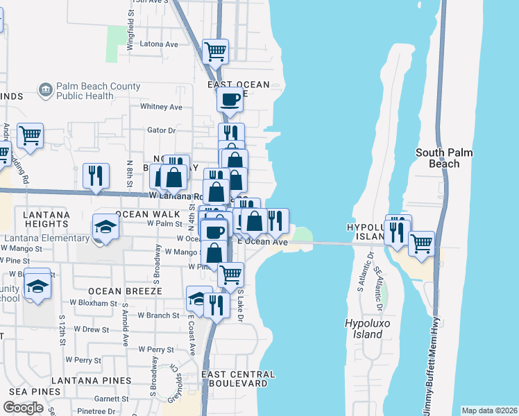 map of restaurants, bars, coffee shops, grocery stores, and more near 211 North Lake Drive in Lantana