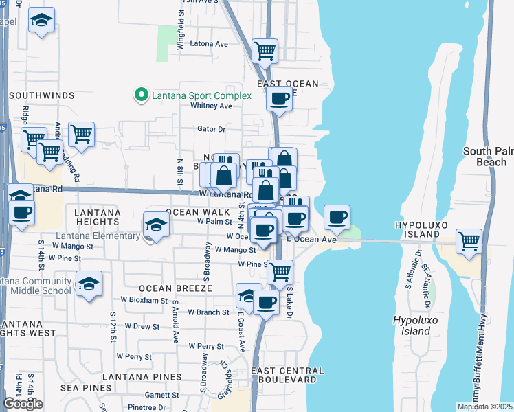 map of restaurants, bars, coffee shops, grocery stores, and more near 19 Minnesota Street in Lantana