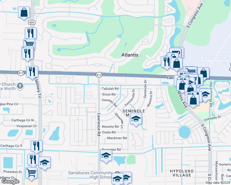 map of restaurants, bars, coffee shops, grocery stores, and more near 559 Sioux Road in Lake Worth
