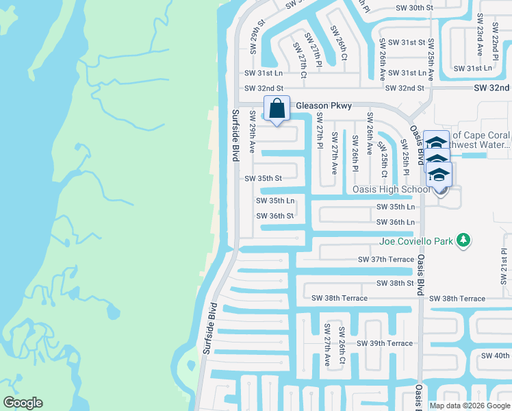 map of restaurants, bars, coffee shops, grocery stores, and more near 3530 Southwest 29th Avenue in Cape Coral