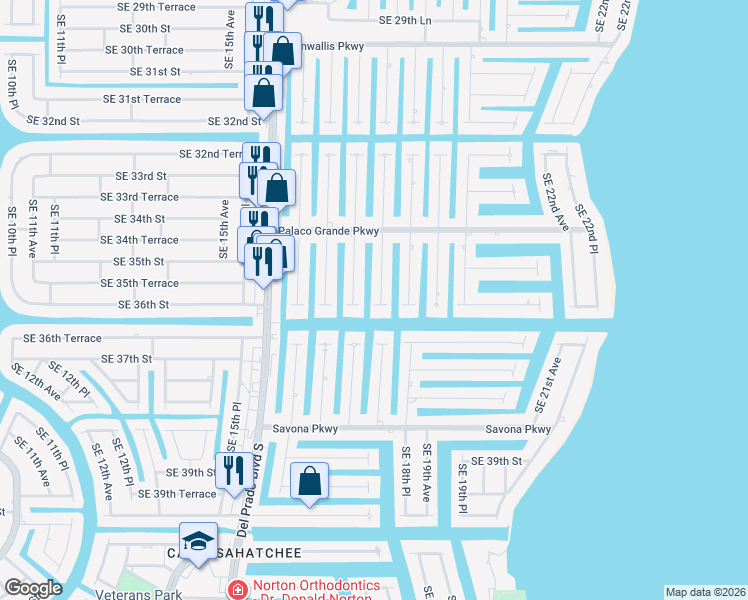map of restaurants, bars, coffee shops, grocery stores, and more near 3522 Southeast 18th Avenue in Cape Coral