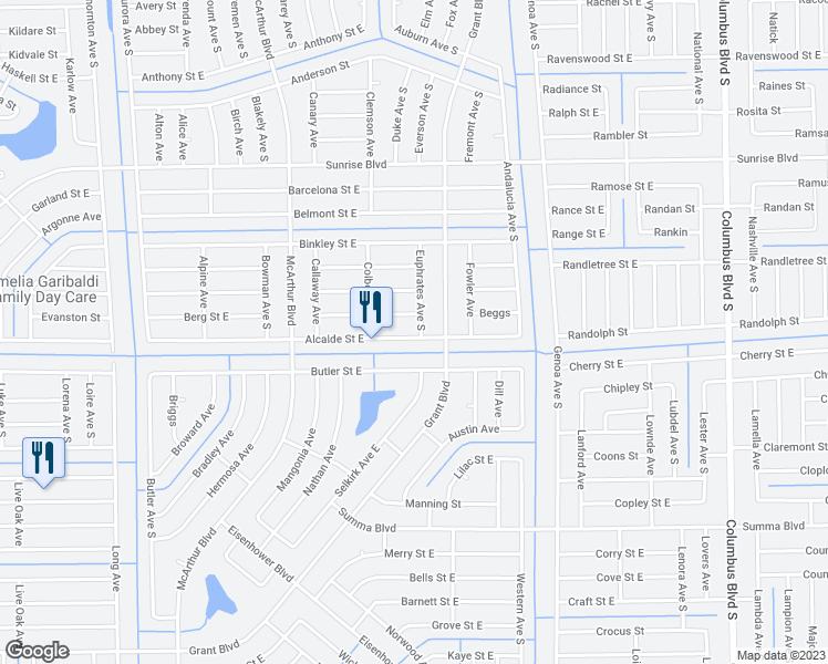 map of restaurants, bars, coffee shops, grocery stores, and more near 1041 Alcalde Street East in Lehigh Acres