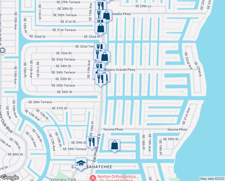 map of restaurants, bars, coffee shops, grocery stores, and more near 3521 Southeast 16th Place in Cape Coral