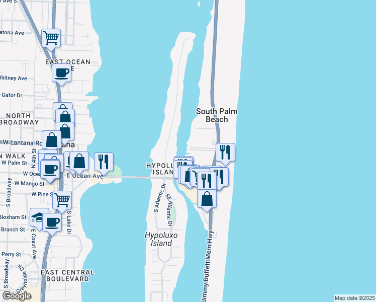 map of restaurants, bars, coffee shops, grocery stores, and more near 4501 South Ocean Boulevard in South Palm Beach