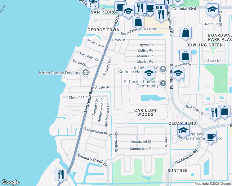 map of restaurants, bars, coffee shops, grocery stores, and more near 6354 Saint Andrews Circle South in Fort Myers