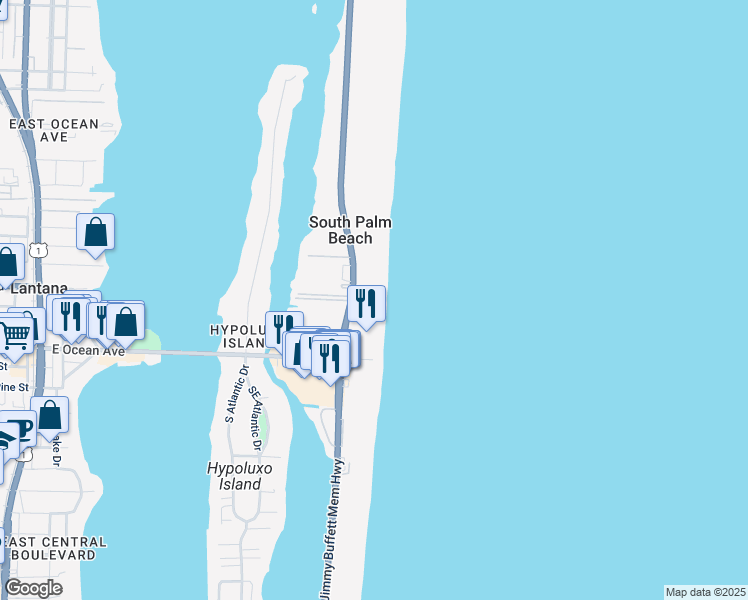 map of restaurants, bars, coffee shops, grocery stores, and more near 100 North Ocean Boulevard in Lantana