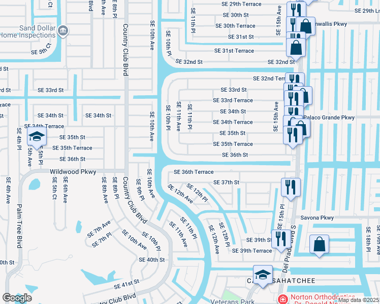 map of restaurants, bars, coffee shops, grocery stores, and more near 1129 Southeast 36th Street in Cape Coral